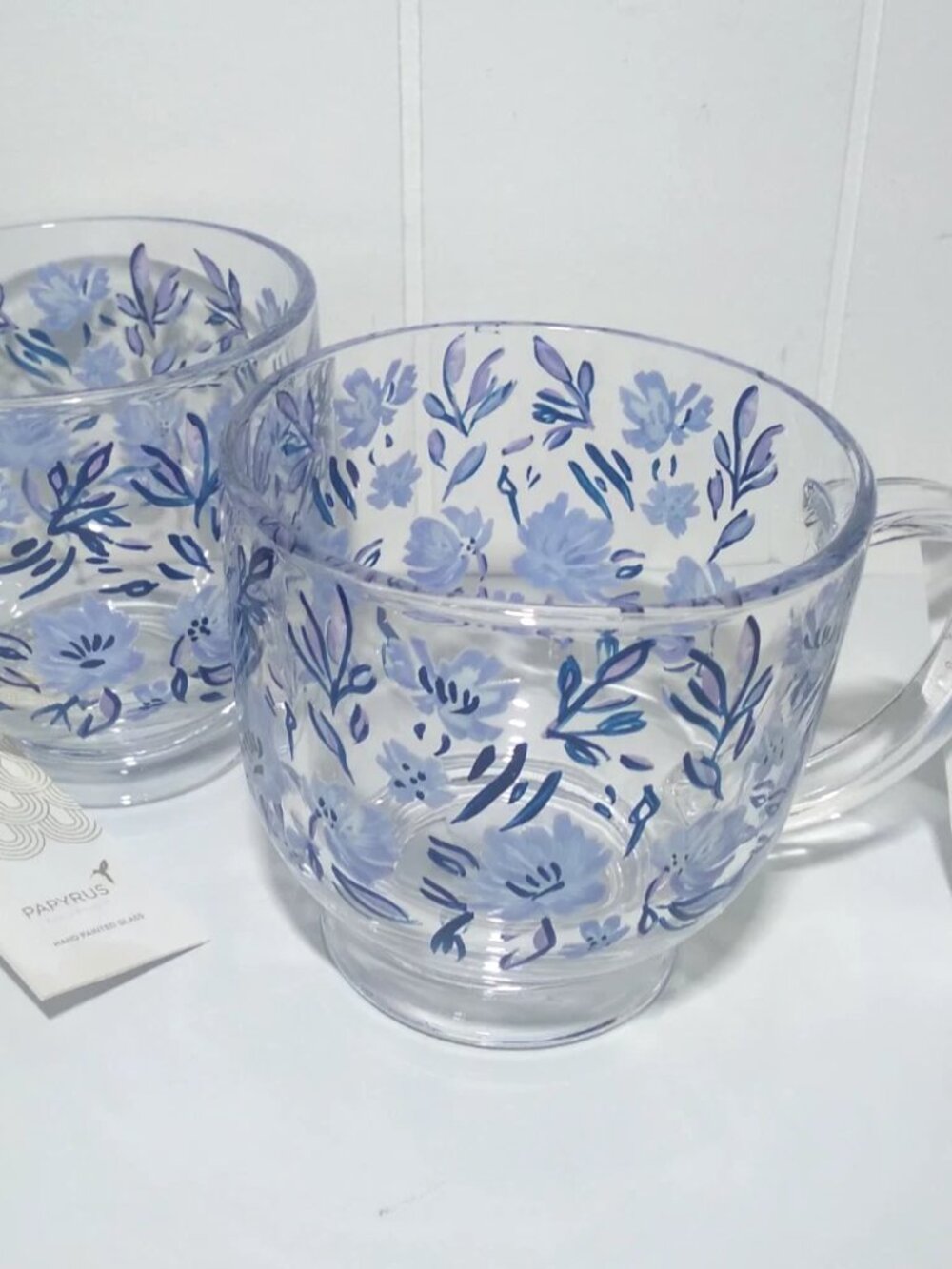 PAPYRUS Coffee Mugs (set of 2) Clear Glass HAND PAINTED Blue Flowers New Tags